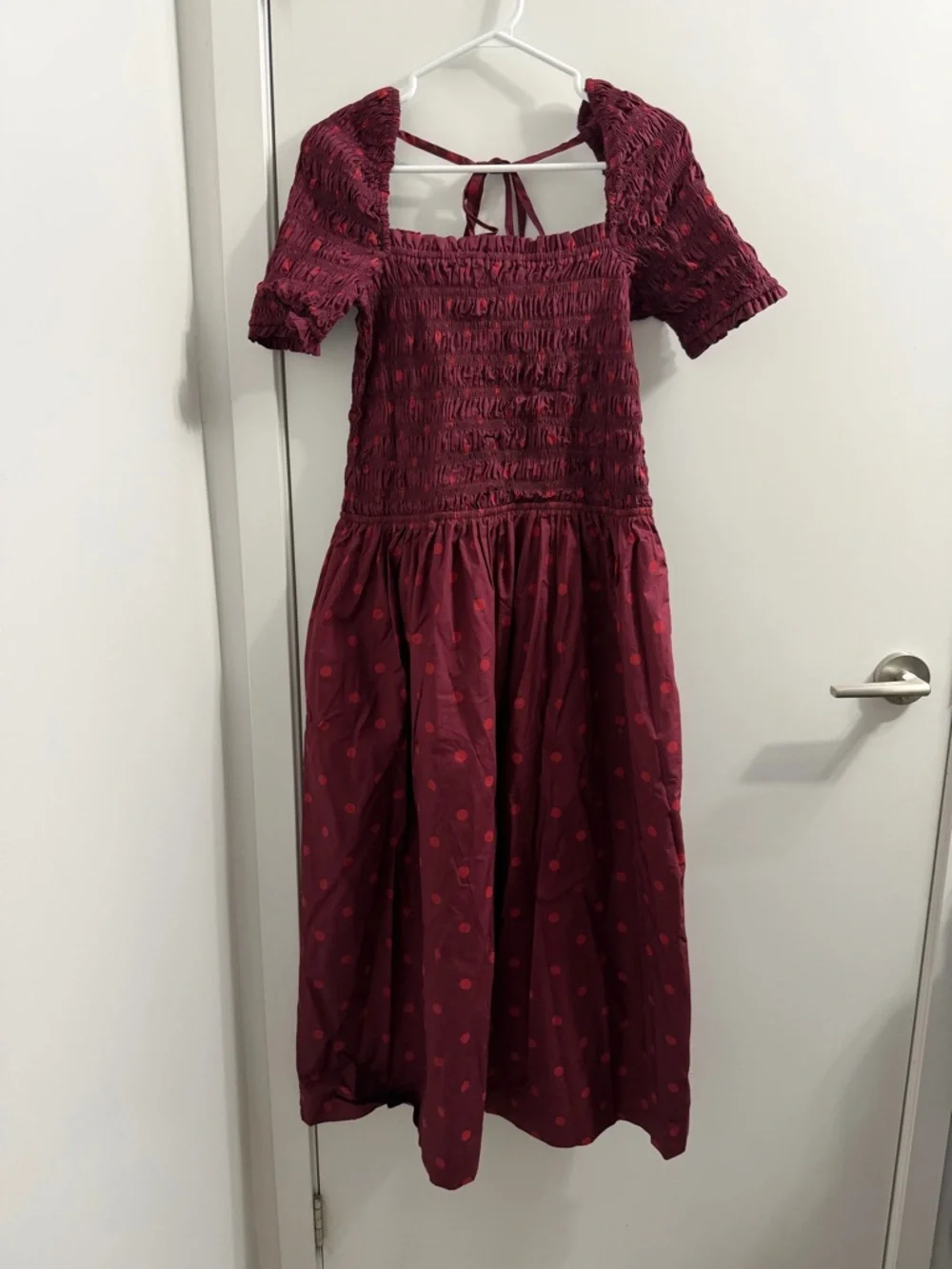 Damson Madders Smocked Square-Neck Burgundy Polka-Dot Dress - Picture 3 of 6
